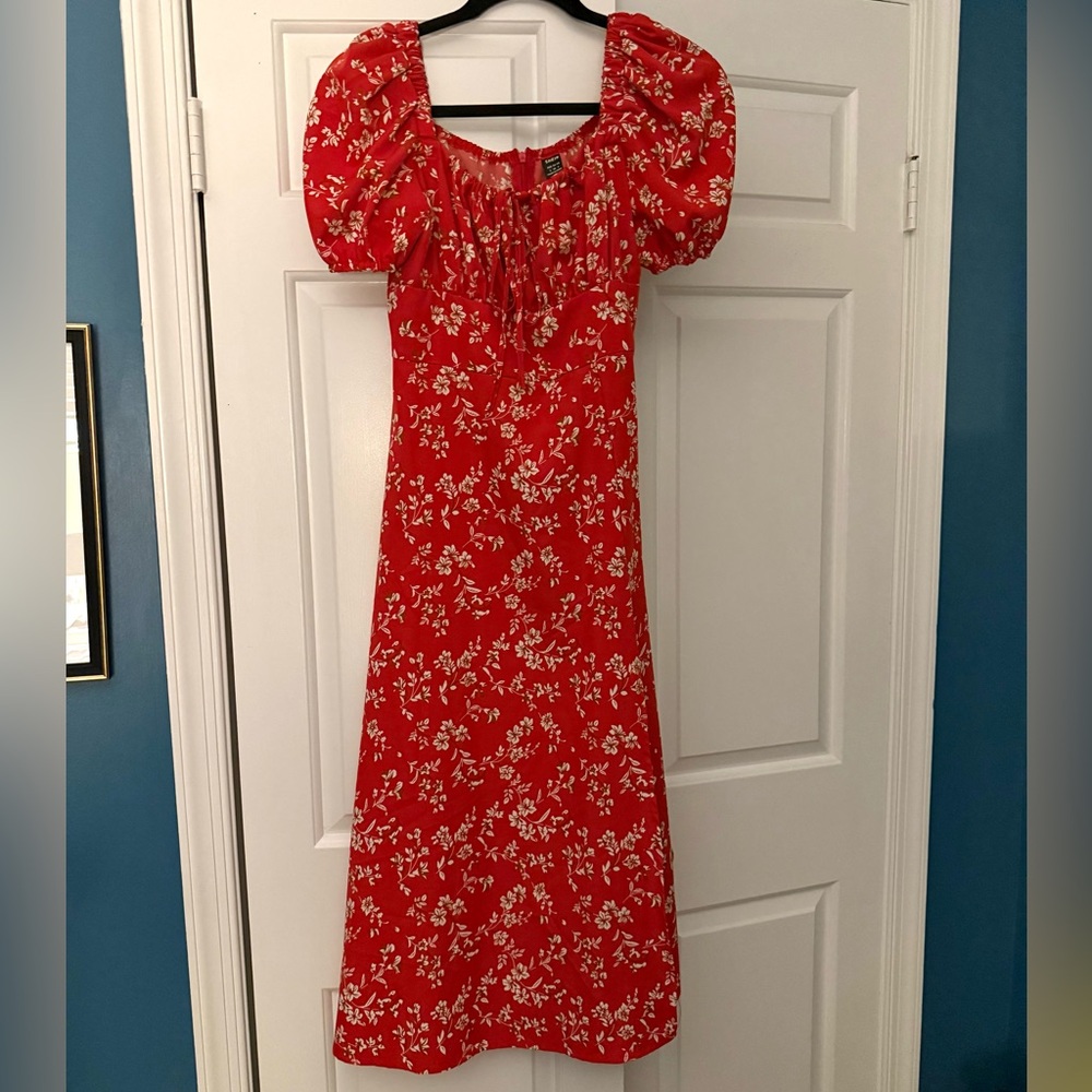 SHEIN Red Floral Midi Side Slit Dress